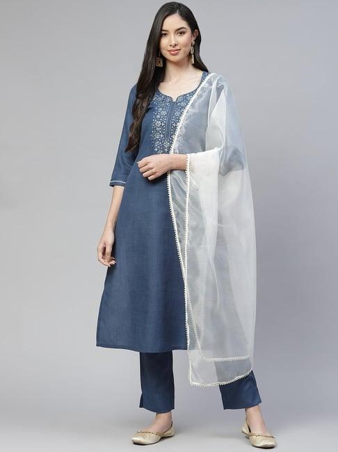 cottinfab blue embroidered cotton suit set