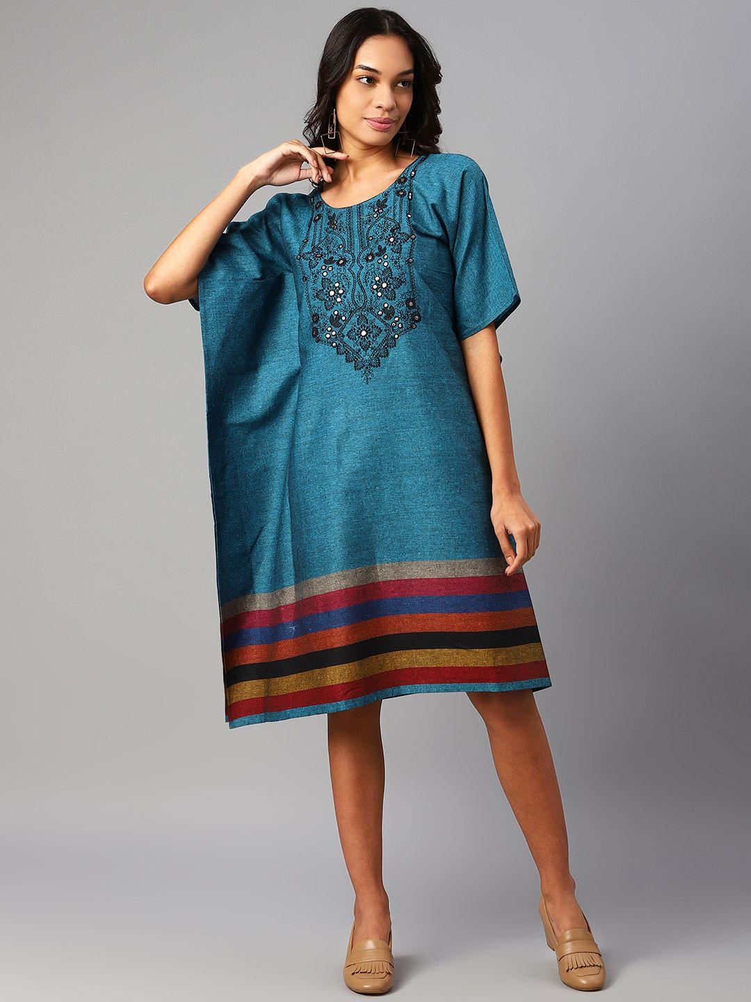 cottinfab blue ethnic motifs embroidered kaftan dress