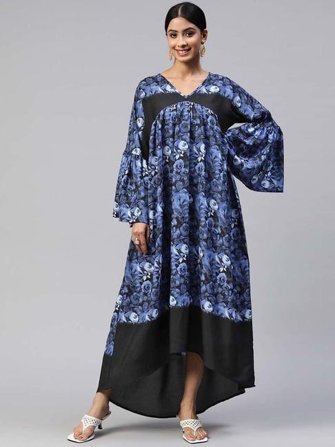 cottinfab blue floral print maxi crepe dress