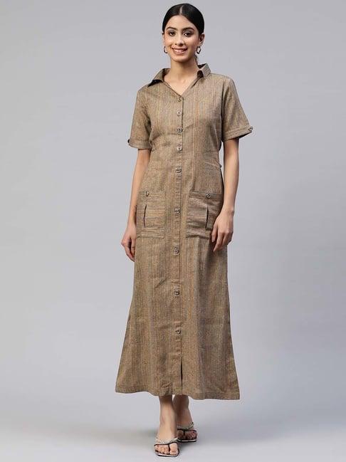 cottinfab brown & mustard cotton striped shirt dress
