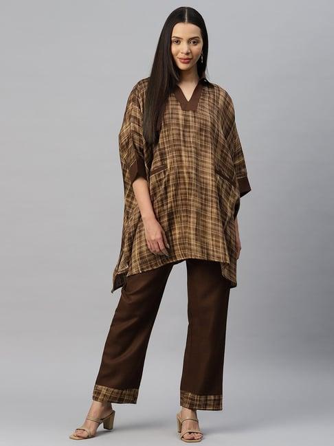 cottinfab brown chequered cotton kaftan pants set