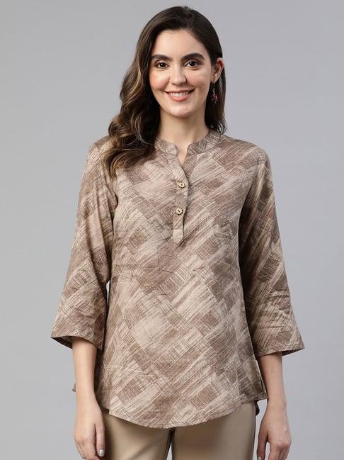 cottinfab brown cotton printed longline top