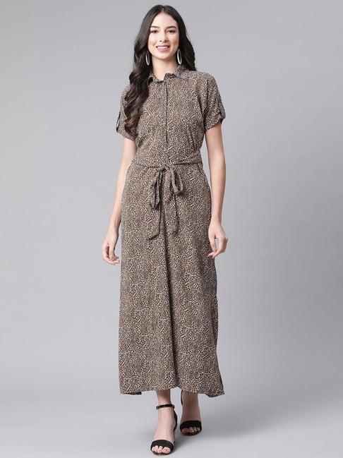 cottinfab brown printed maxi a-line crepe dress
