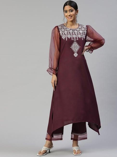 cottinfab burgundy embroidered cotton kurta set