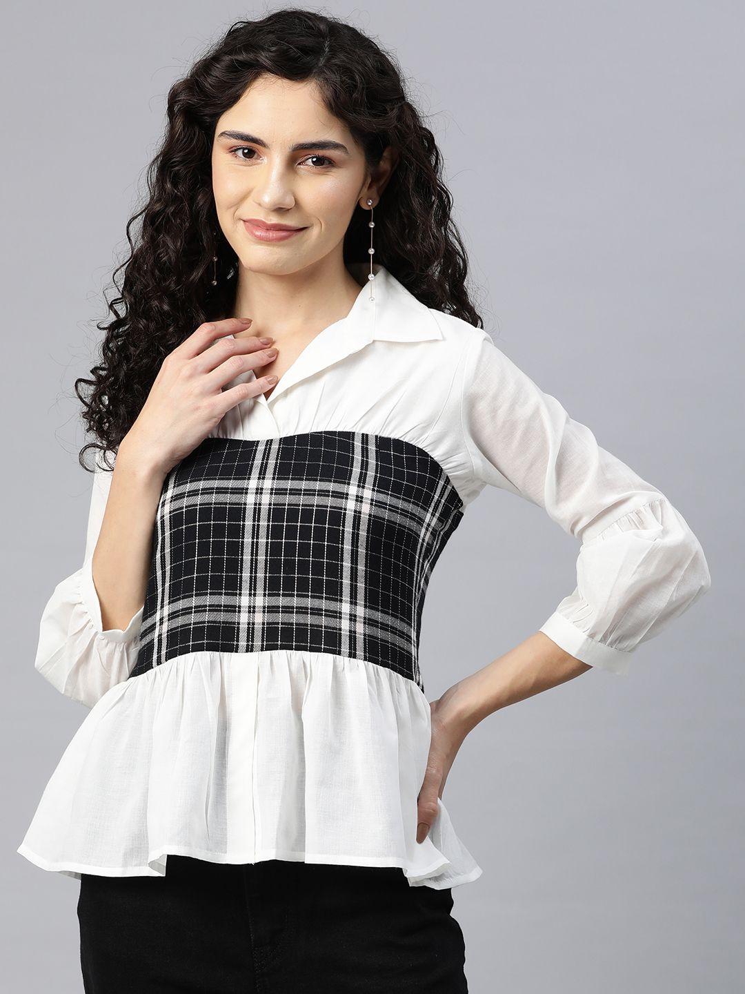 cottinfab checked puff sleeve monochrome cotton peplum top