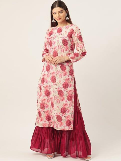 cottinfab cream & wine embellished georgette kurta sharara set