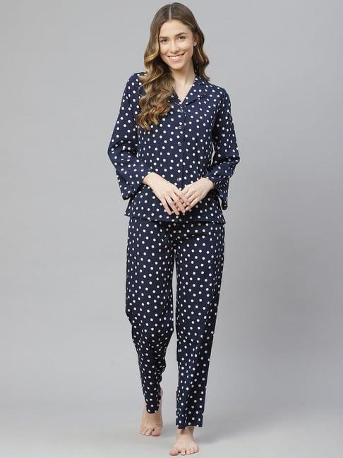 cottinfab crepe dark blue & white polka dots shirt with pyjamas