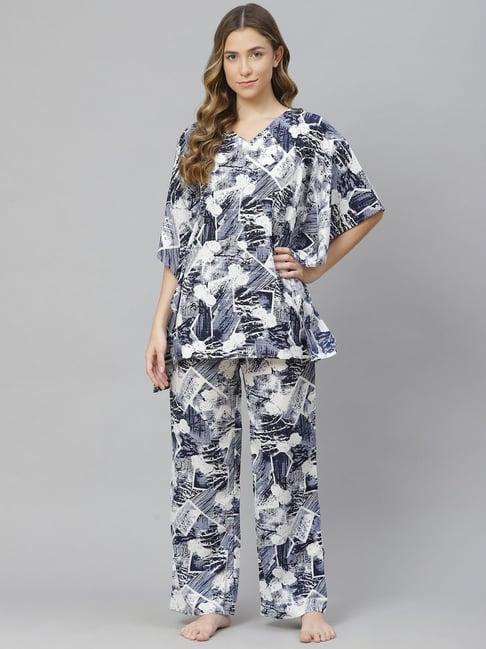 cottinfab crepe dark blue & white printed kaftan top with pyjamas