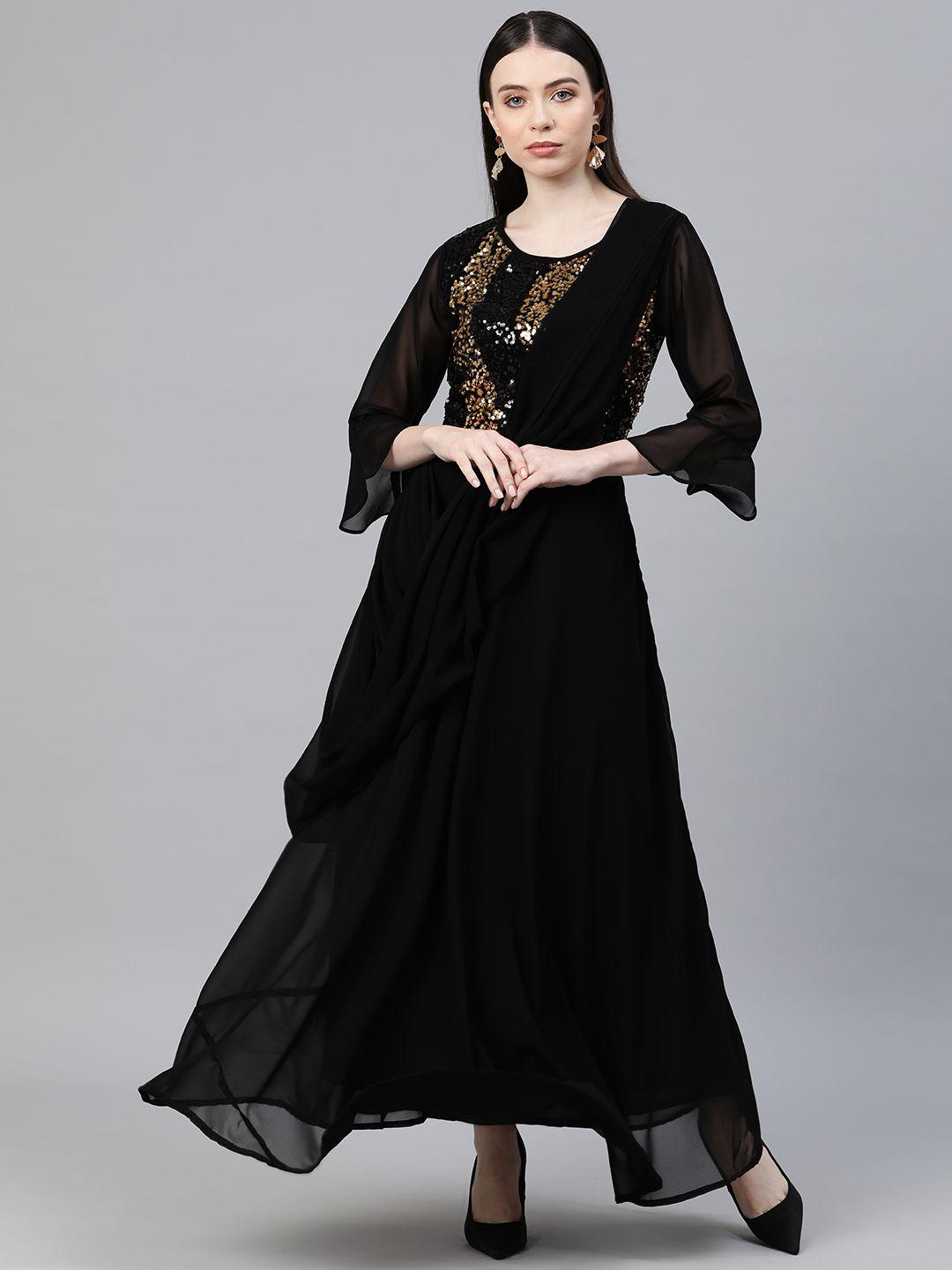 cottinfab embellished bell sleeves layered georgette a-line maxi dress