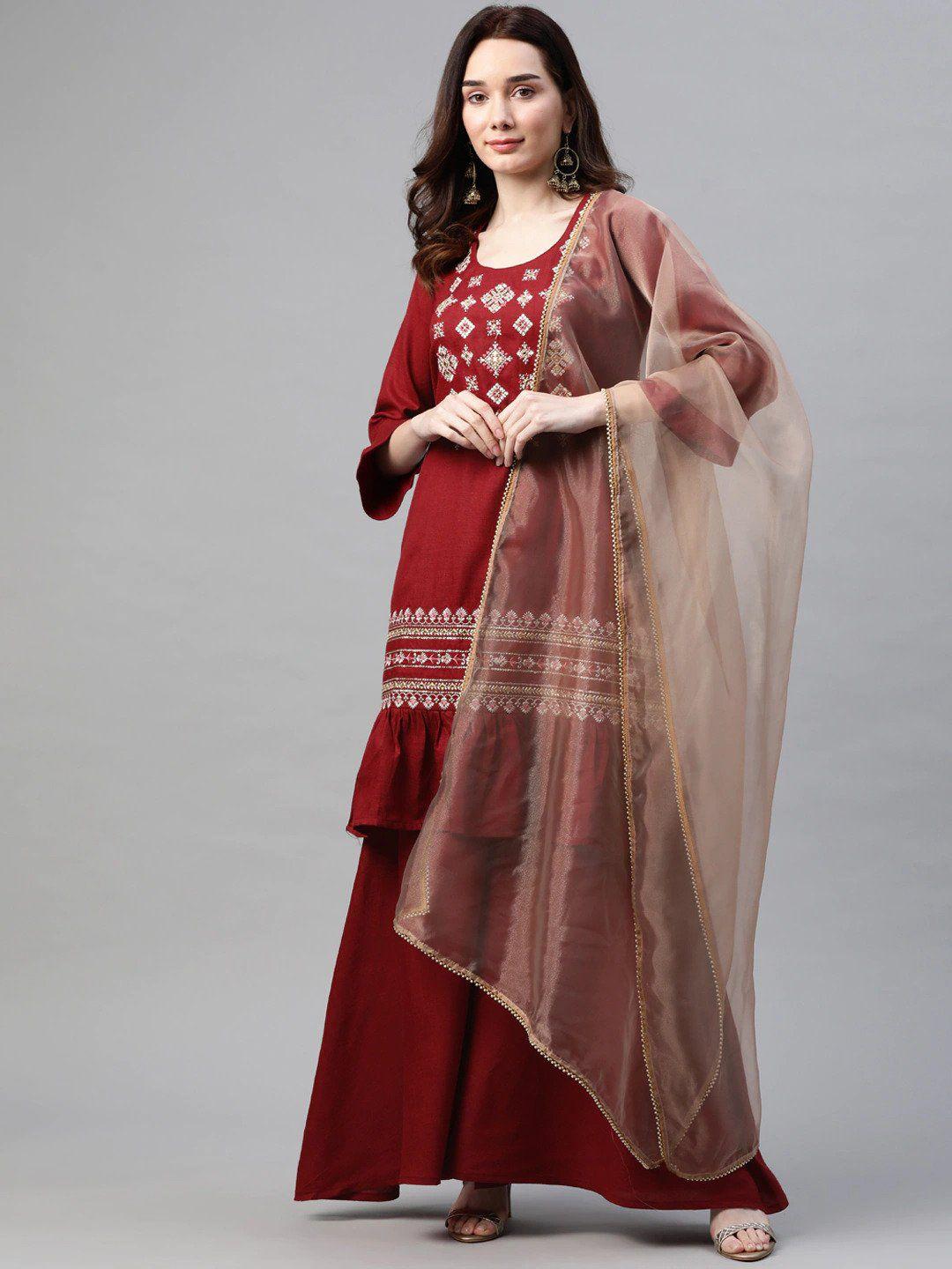 cottinfab ethnic motifs embroidered mirror work kurta with sharara & dupatta