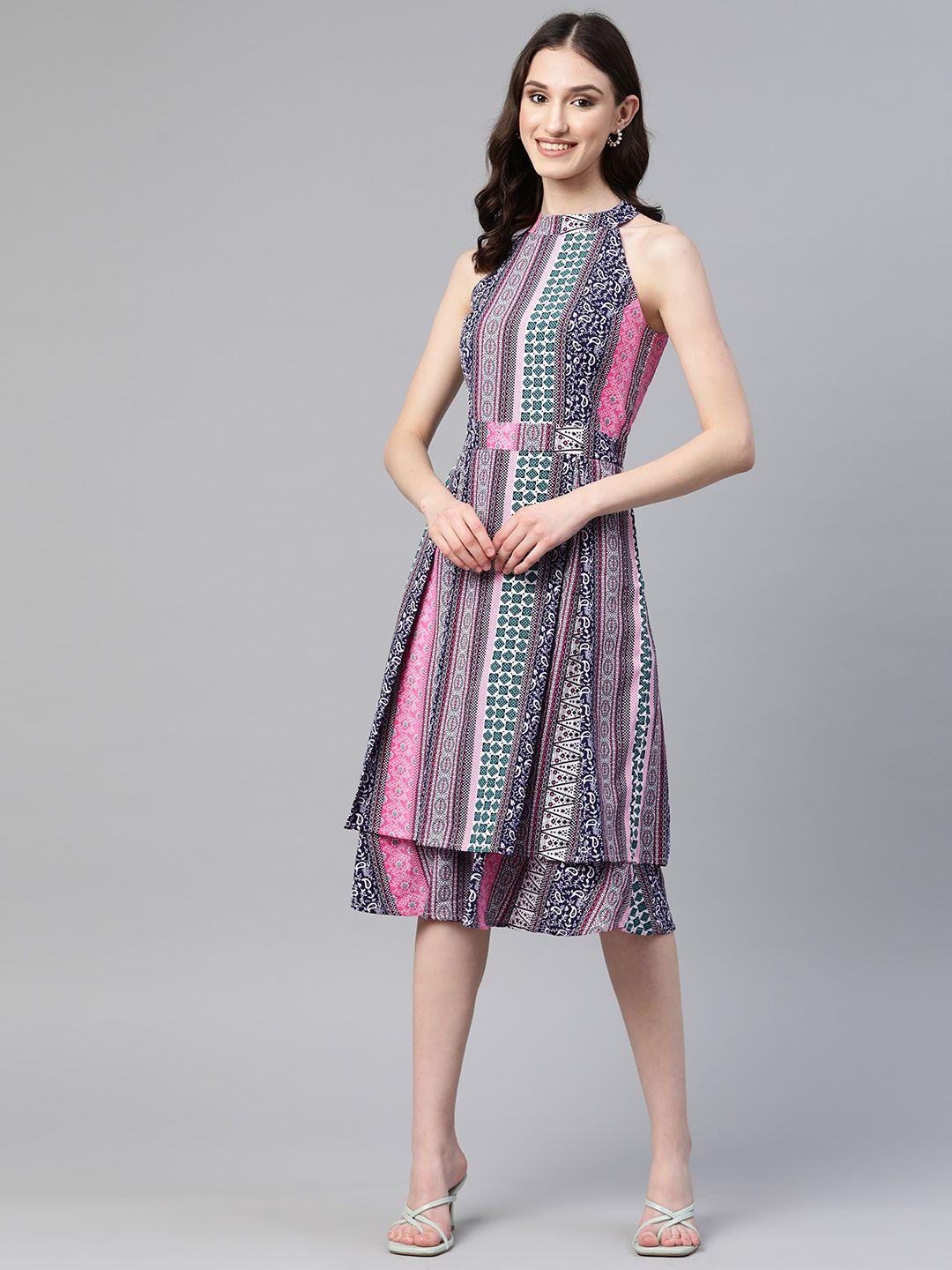 cottinfab ethnic motifs halter neck layered crepe midi dress