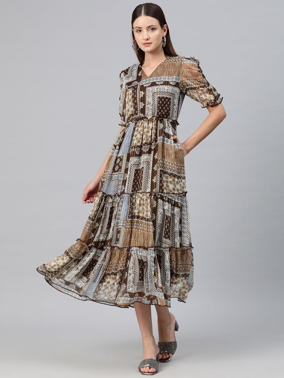 cottinfab ethnic motifs print puff sleeve ruffled georgette fit & flare midi dress