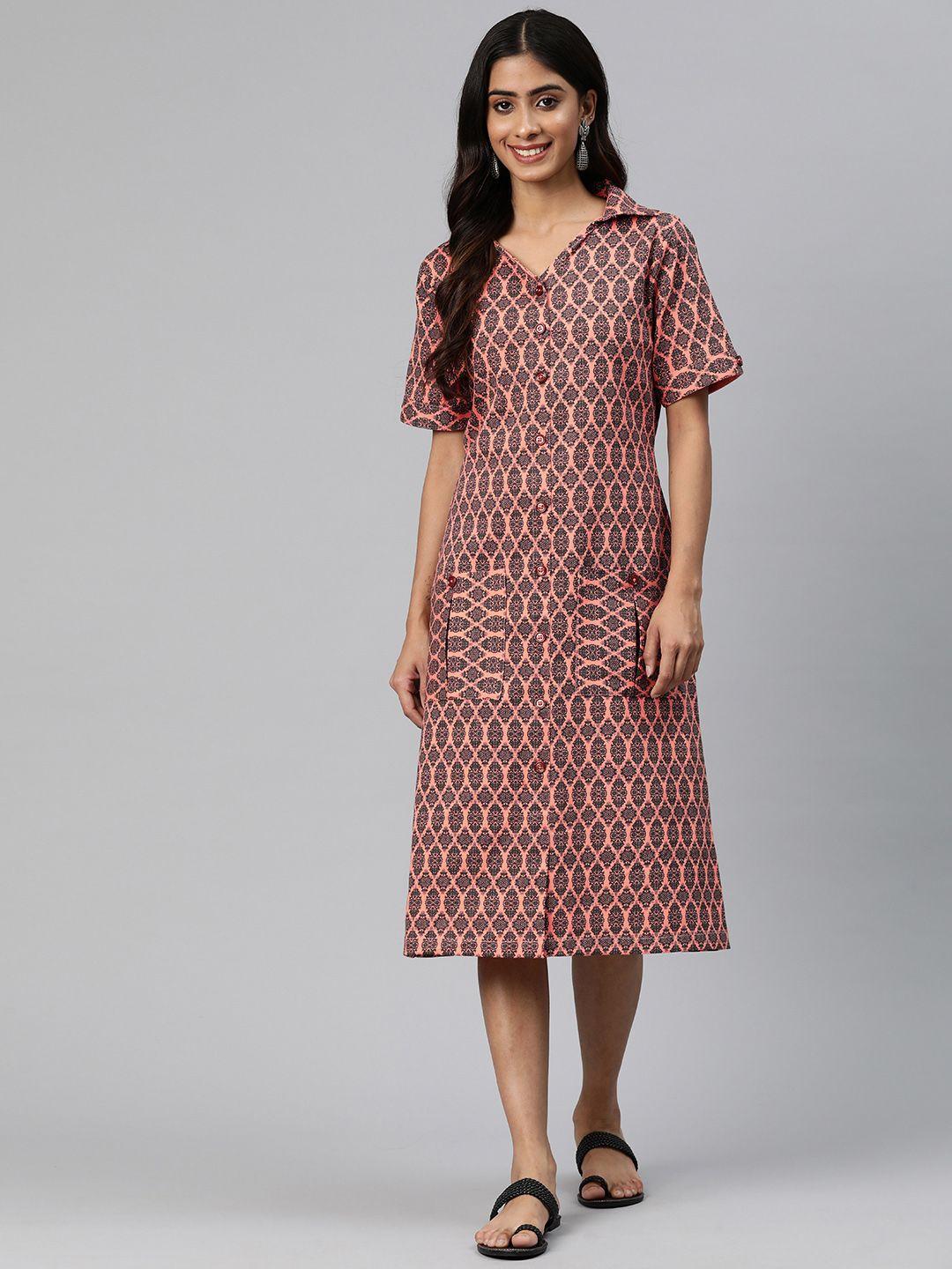 cottinfab ethnic motifs print shirt midi dress