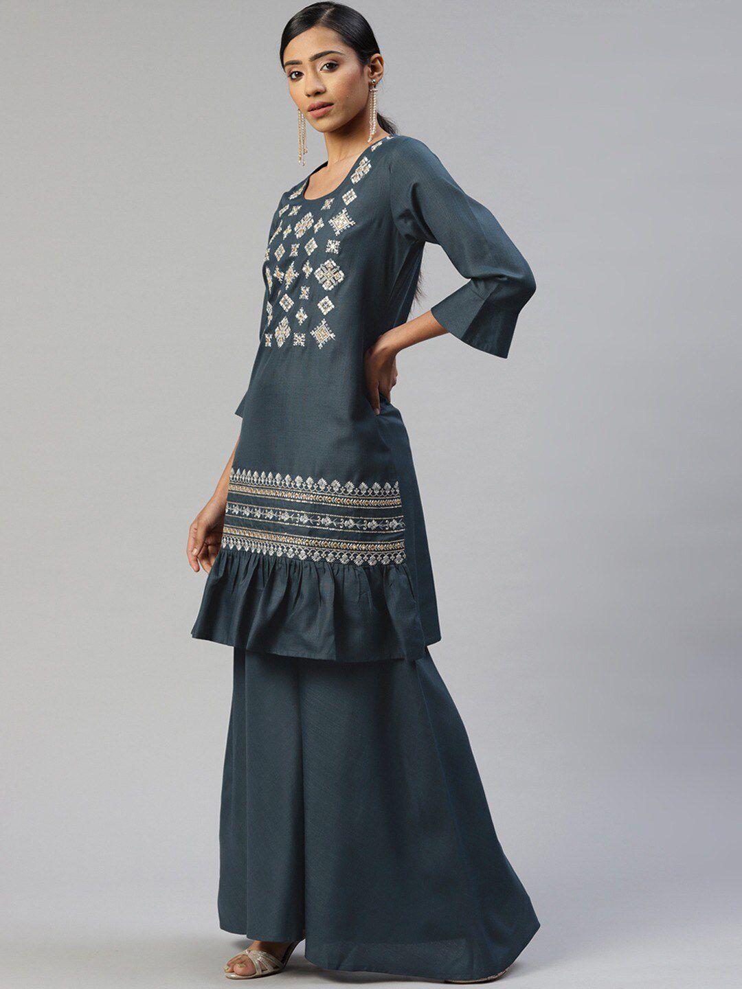 cottinfab ethnic motifs yoke design mirror work kurta with sharara & dupatta