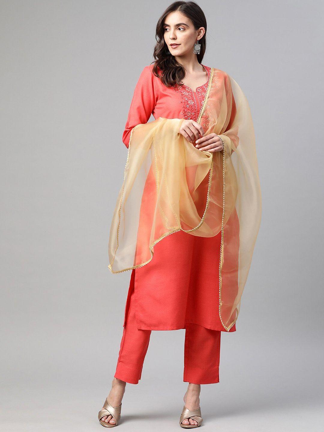 cottinfab floral embroidered kurta with trousers & dupatta