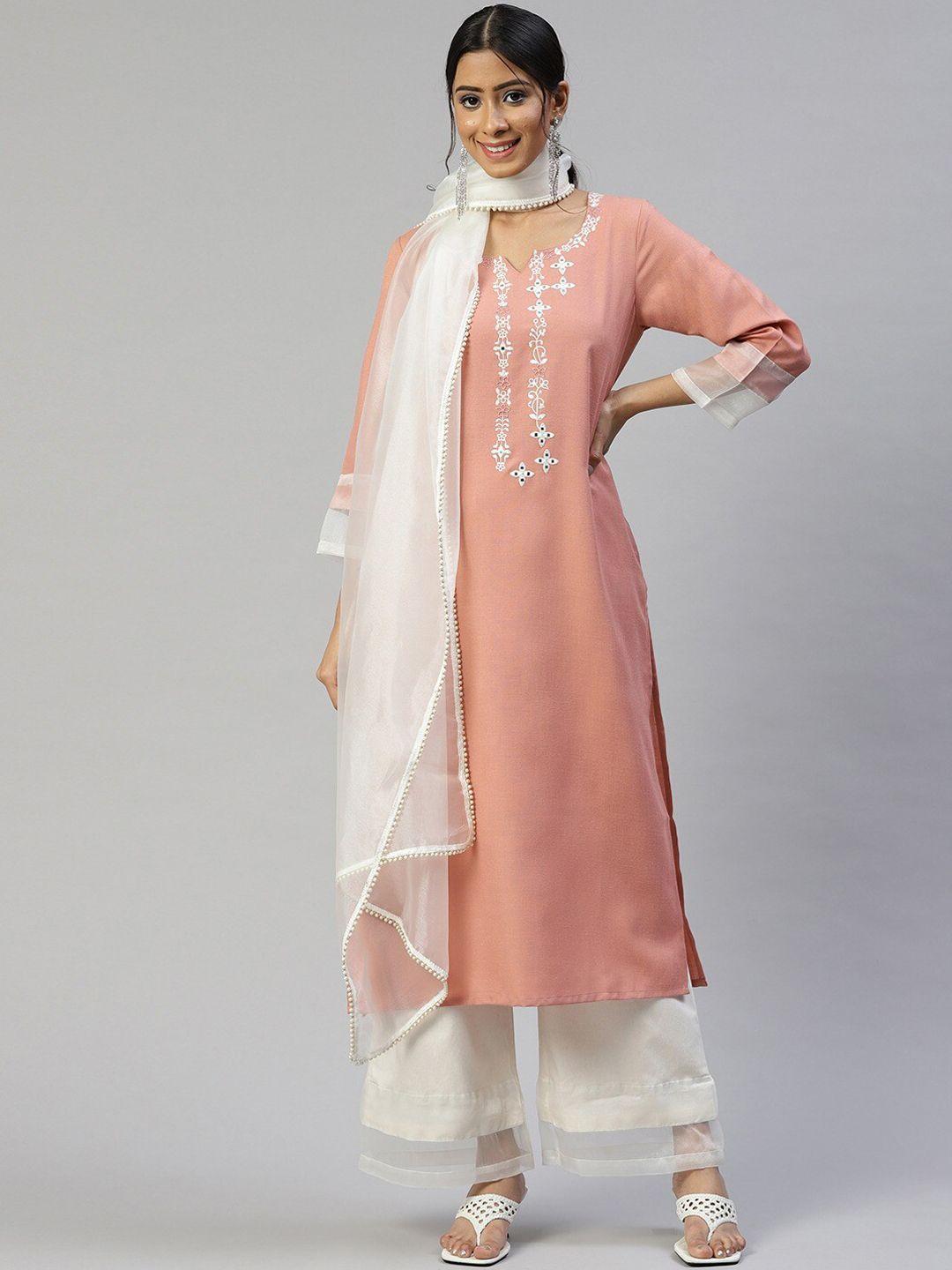 cottinfab floral embroidered mirror work kurta with palazzos & dupatta