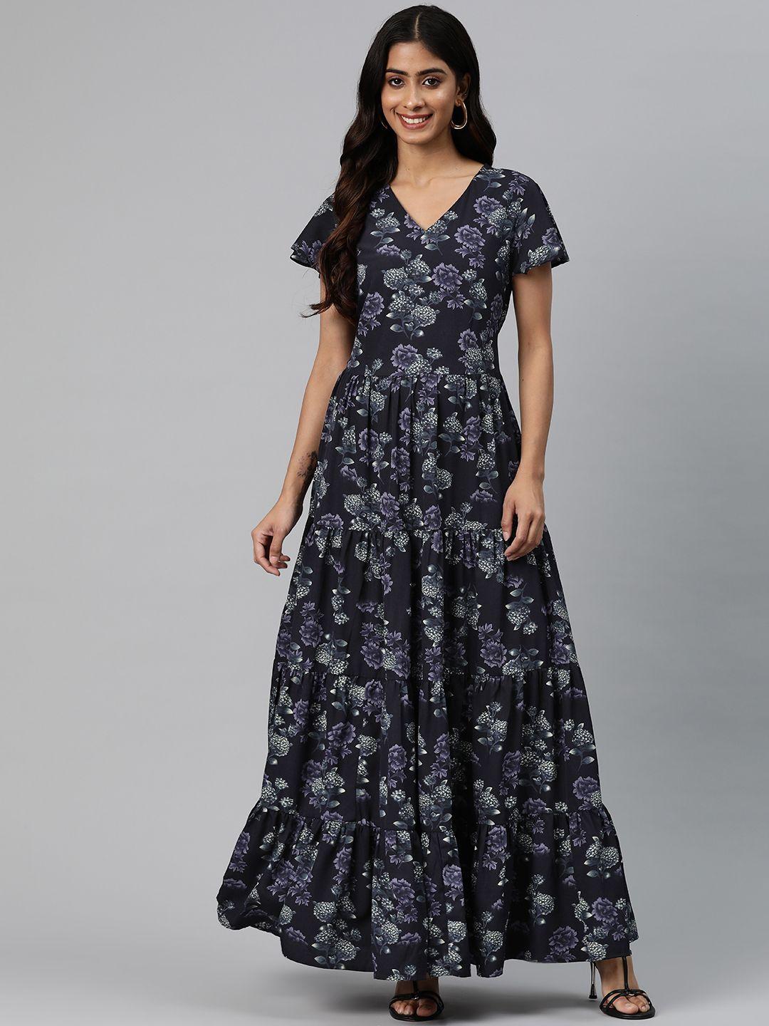 cottinfab floral print flared sleeve crepe maxi dress