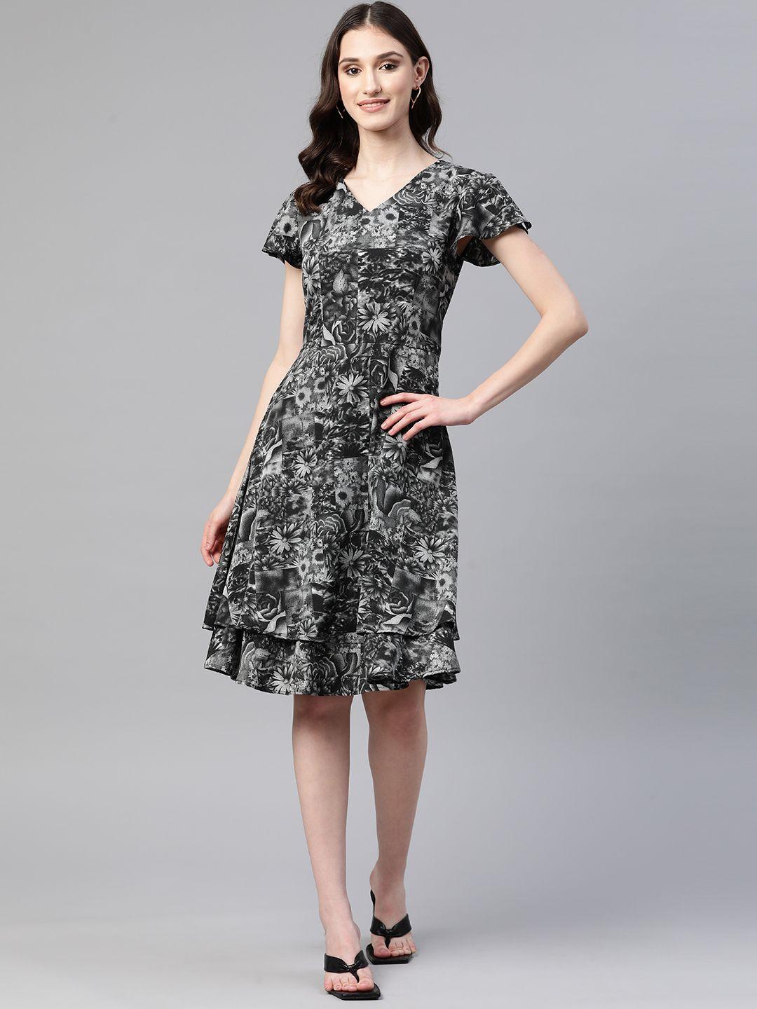 cottinfab floral print flared sleeves layered crepe a-line dress