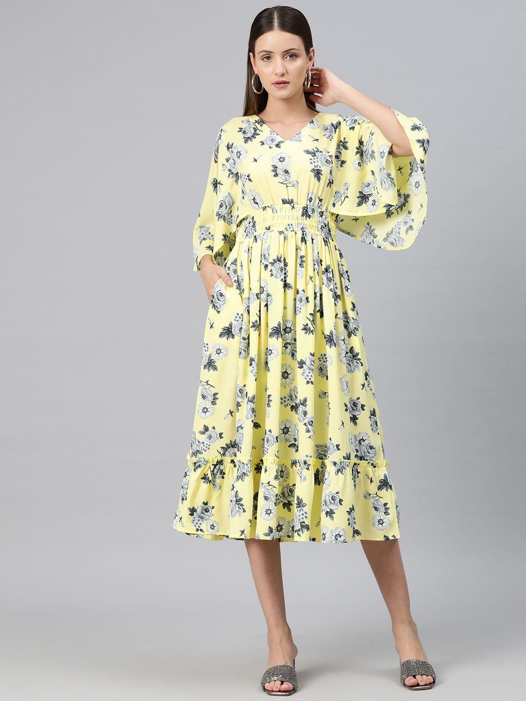 cottinfab floral print flared sleeves smocked tiered crepe fit & flare midi dress