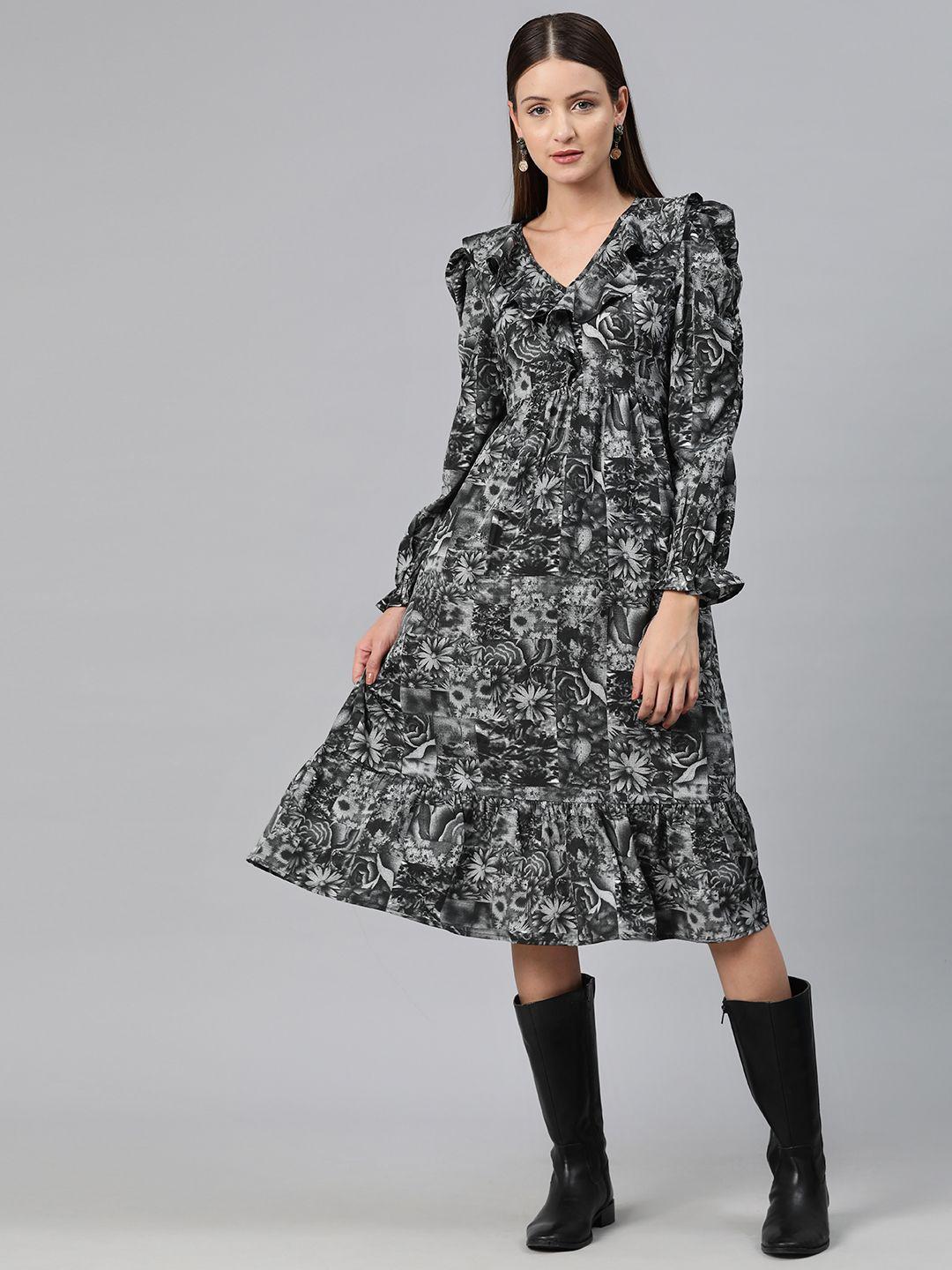 cottinfab floral print puff sleeves ruffled crepe a-line midi dress