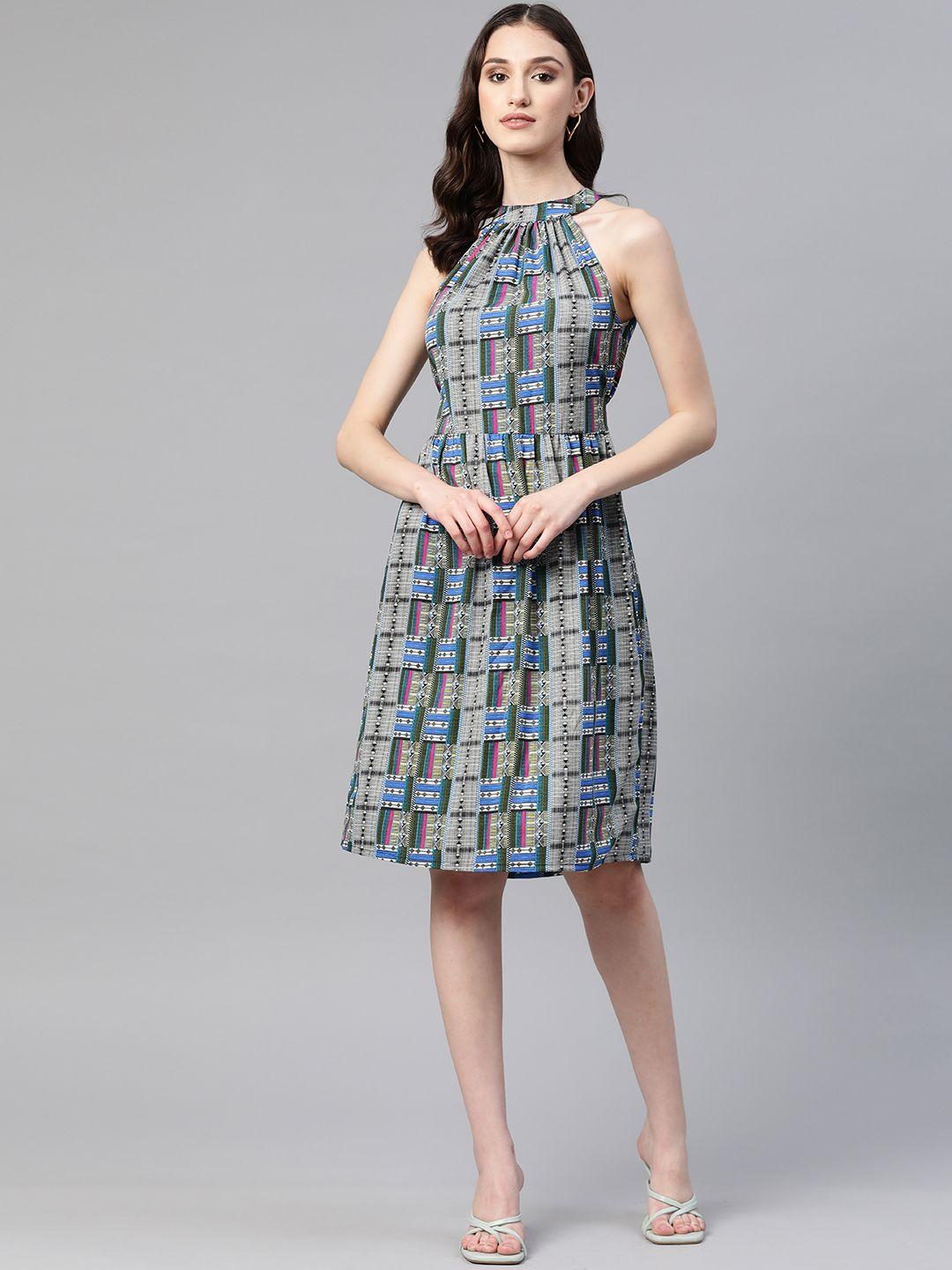 cottinfab geometric print halter neck crepe a-line dress with tie-ups detail