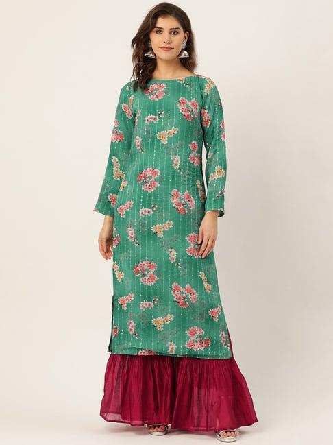 cottinfab green & fuchsia embellished georgette kurta sharara set