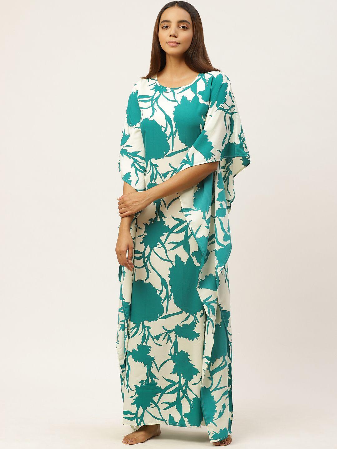 cottinfab green & off-white floral print kaftan maxi nightdress