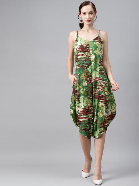 cottinfab green & red printed crepe jumpsuit