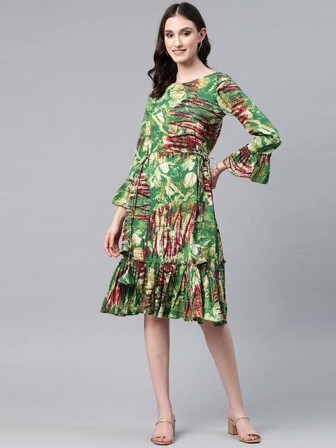 cottinfab green abstract print a-line crepe dress