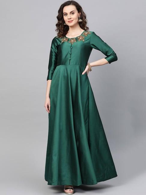 cottinfab green embellished anarkali taftta kurta