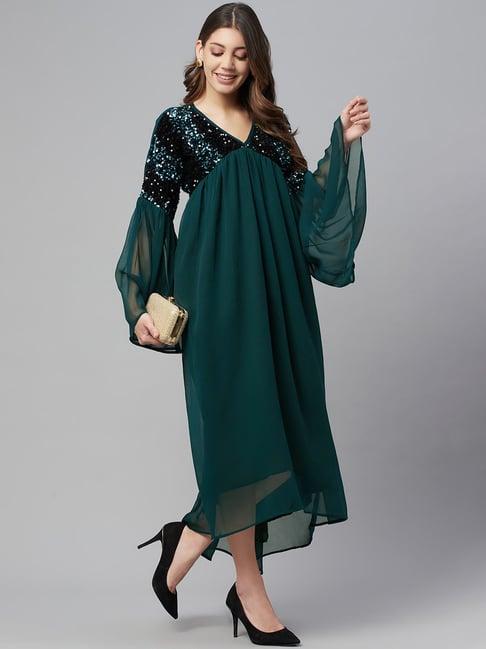 cottinfab green embellished high-low dress