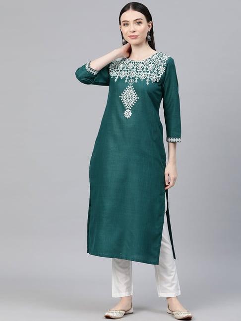 cottinfab green embroidered a line kurta