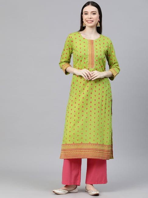 cottinfab green printed a line kurta