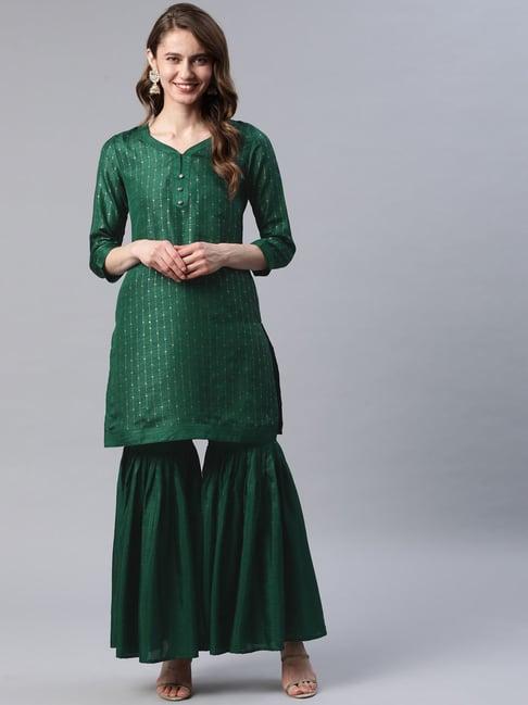 cottinfab green printed silk blend kurta with sharara