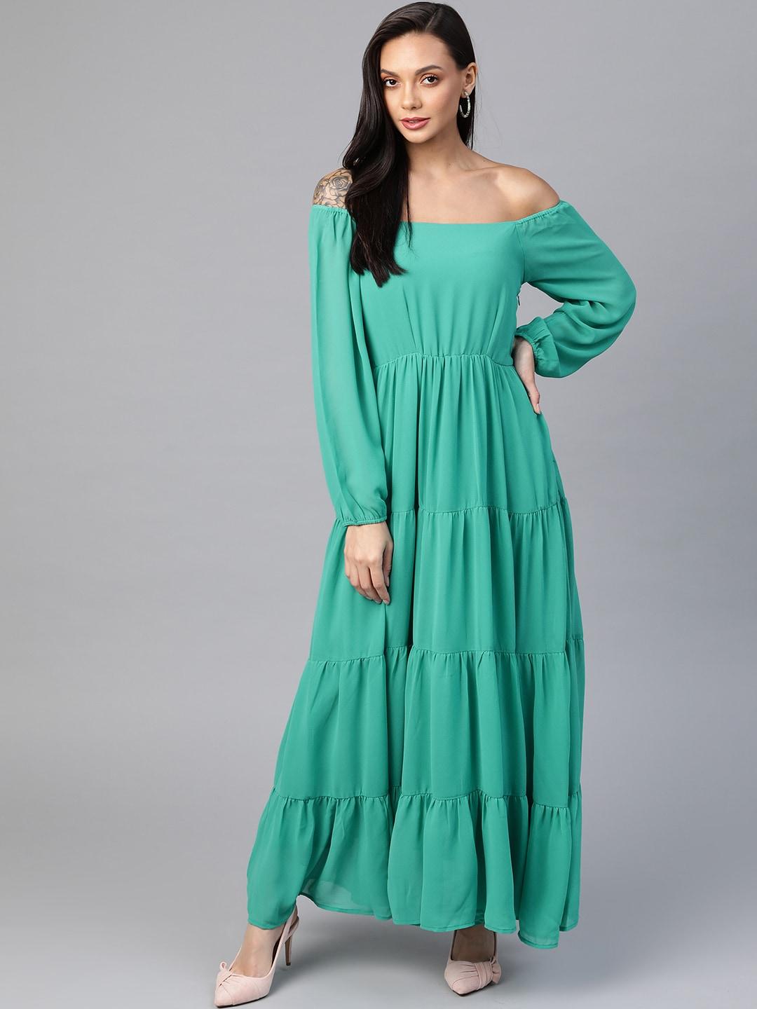 cottinfab green solid off-shoulder tiered gathered maxi dress