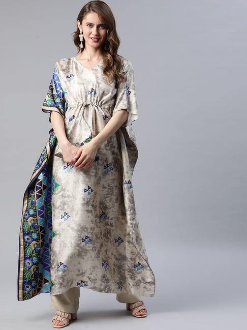 cottinfab grey & blue printed kaftan kurta