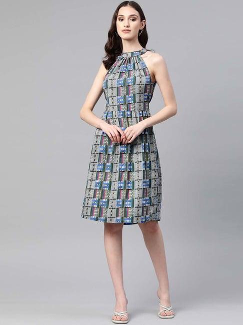 cottinfab grey & green printed a-line crepe dress