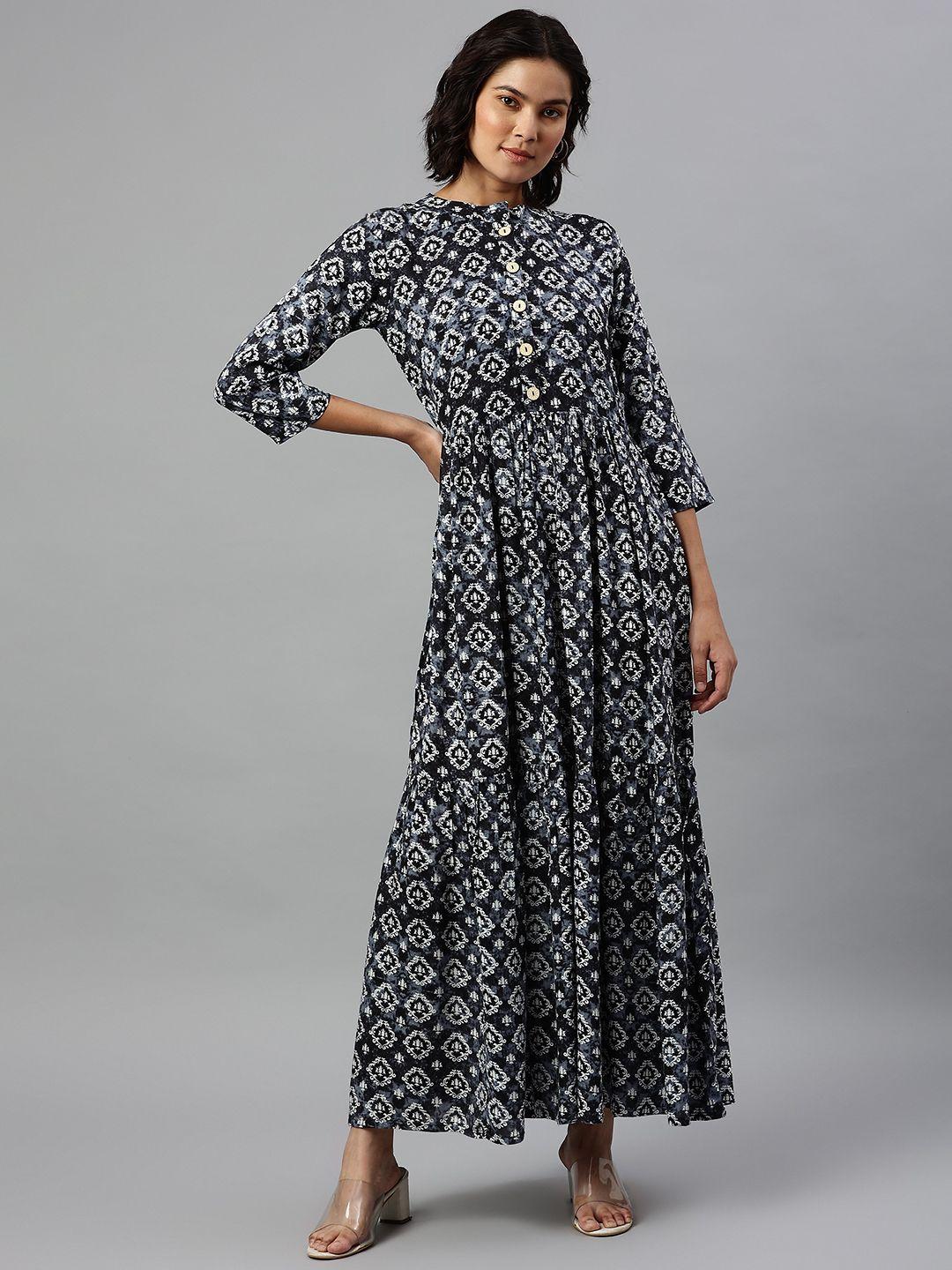 cottinfab grey & white ethnic motifs maxi dress