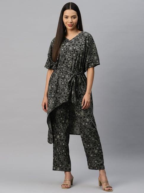 cottinfab grey printed crepe tunic pants set