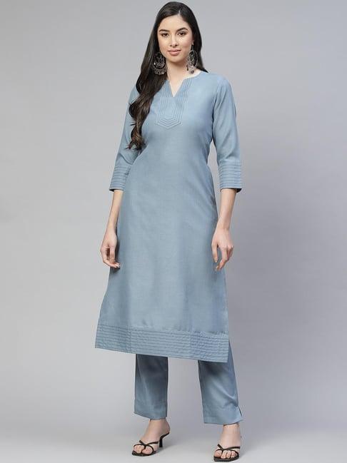 cottinfab greyish blue regular fit cotton kurta set