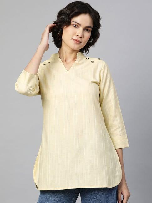 cottinfab light yellow self design ethnic cotton top