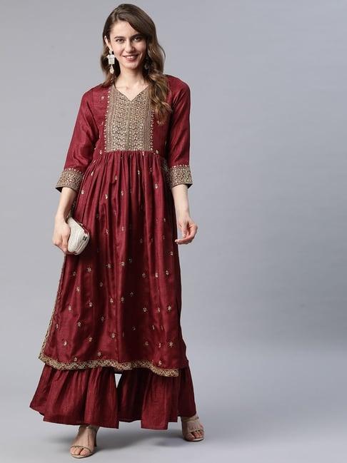 cottinfab maroon embellished silk blend kurta with sharara