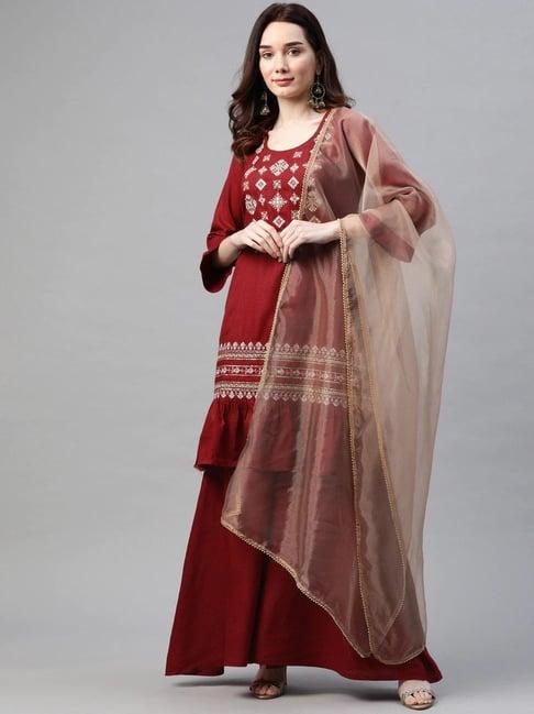 cottinfab maroon embroidered cotton suit set