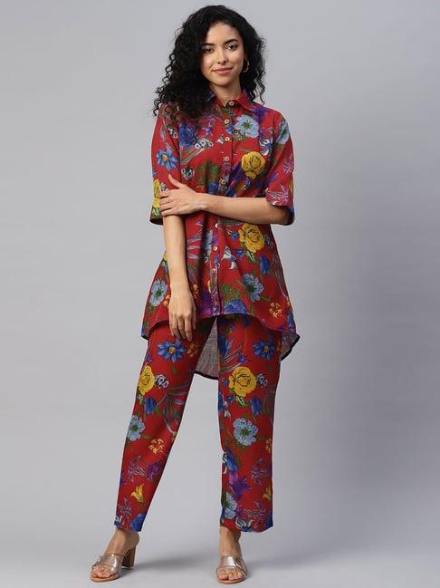 cottinfab maroon floral print crepe tunic with trousers