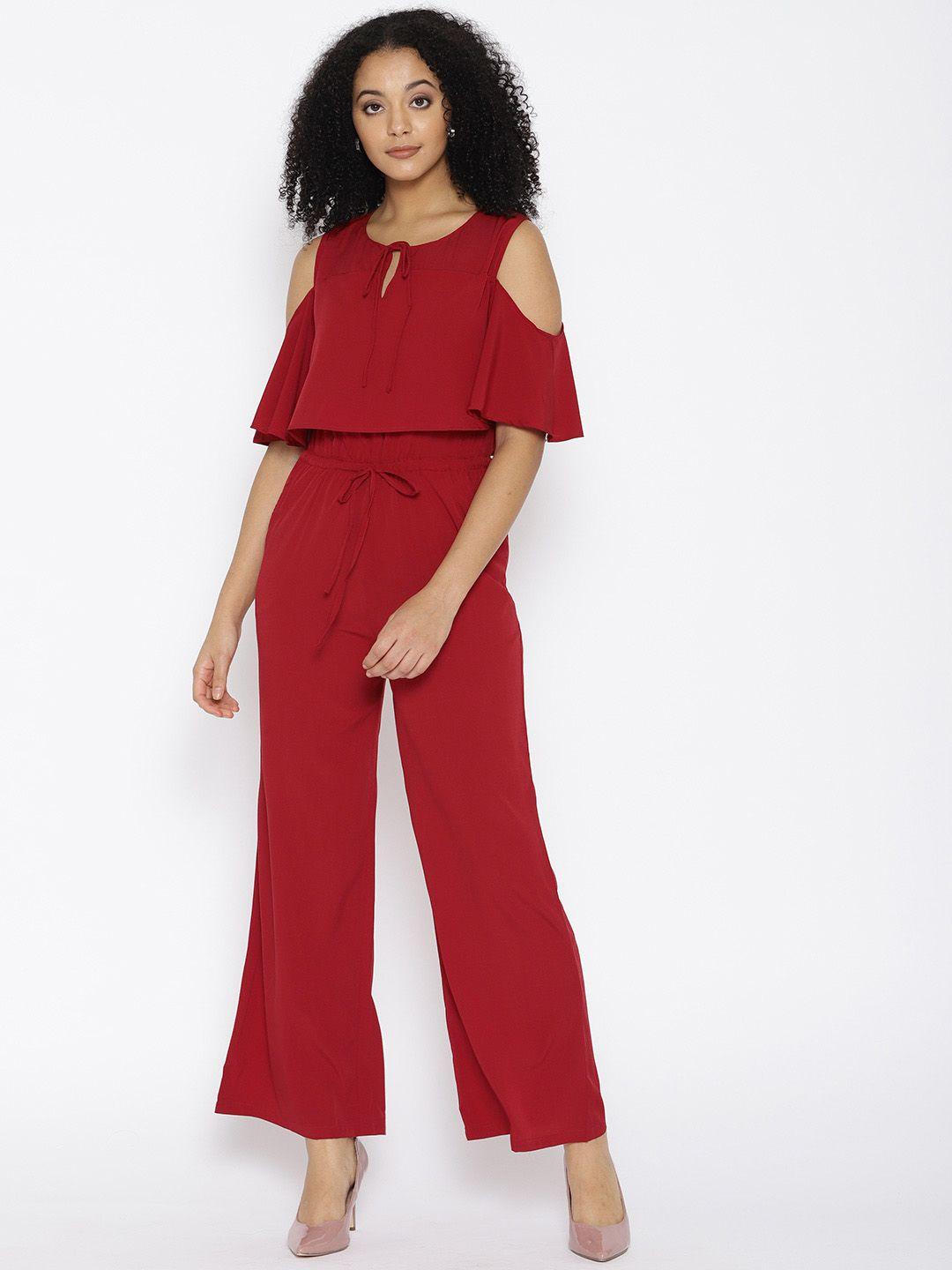 cottinfab maroon layered cold-shoulder jumpsuit