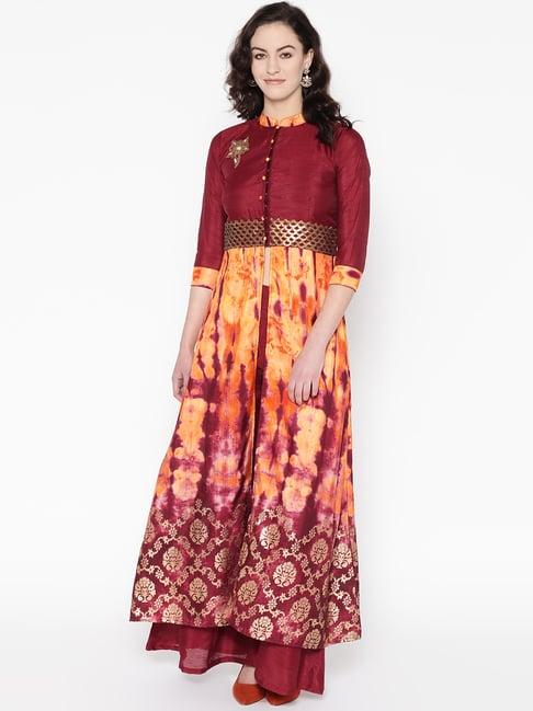 cottinfab maroon printed silk blend kurta & palazzo set