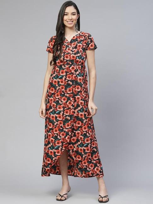 cottinfab multicolor floral print wrap crepe dress
