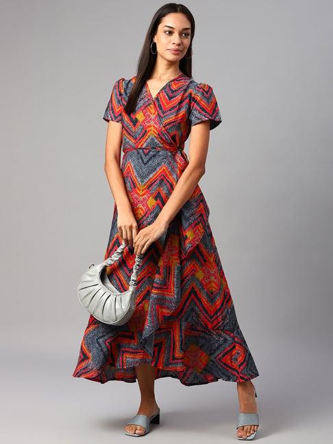 cottinfab multicolor printed wrap crepe dress