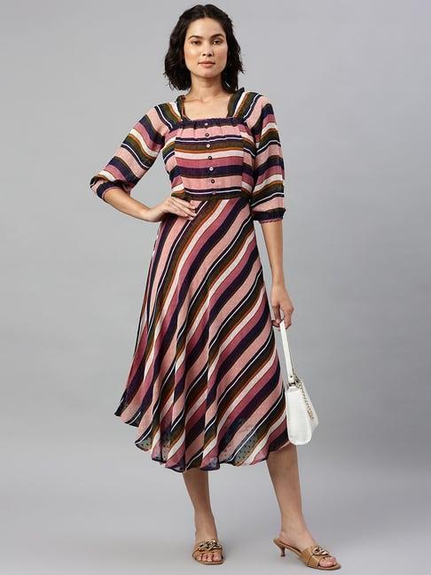 cottinfab multicolor striped fit & flare georgette dress