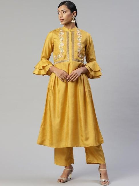 cottinfab mustard embroidered silk blend kurta set